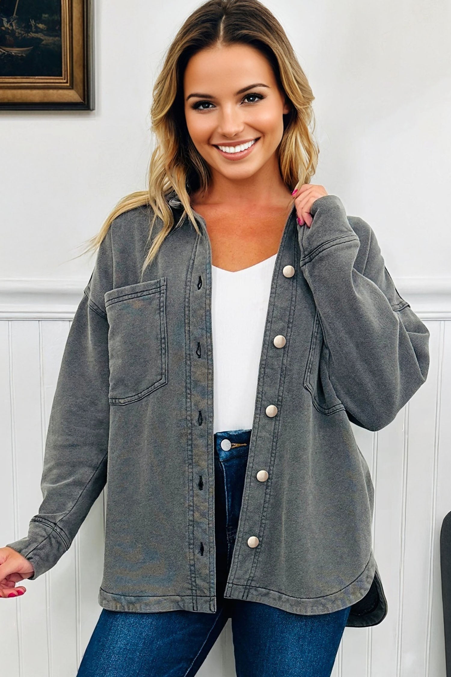 Mineral Wash Chest Pocket Drop Shoulder Shacket