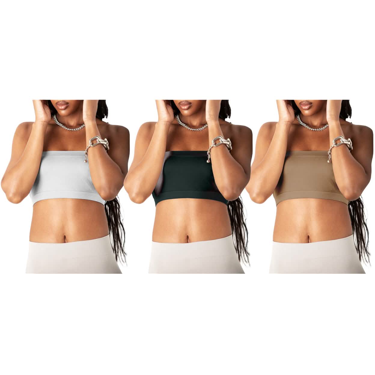 3-Pack: Women's Seamless Strapless Bandeau Crop Tube Top Bra Bralettes