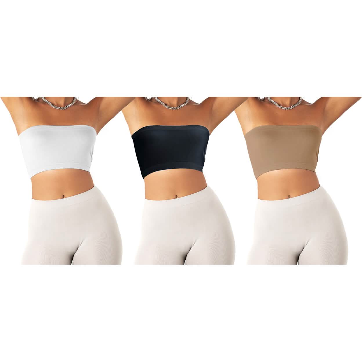 3-Pack: Women's Seamless Strapless Bandeau Crop Tube Top Bra Bralettes