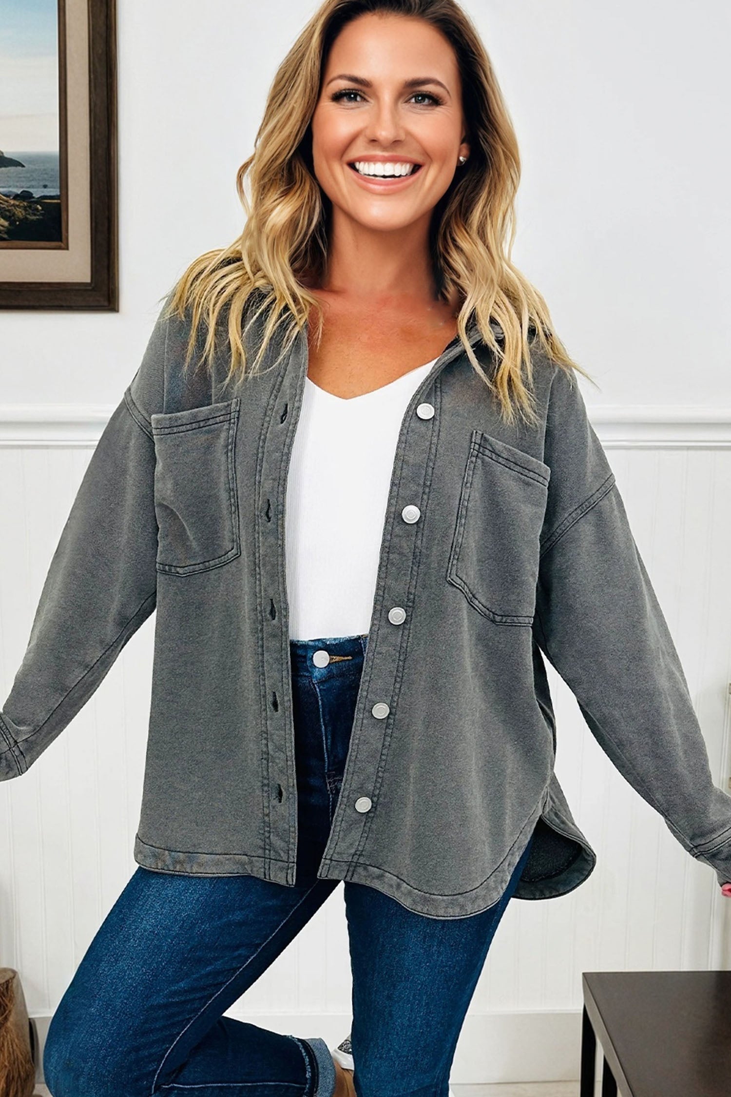 Mineral Wash Chest Pocket Drop Shoulder Shacket