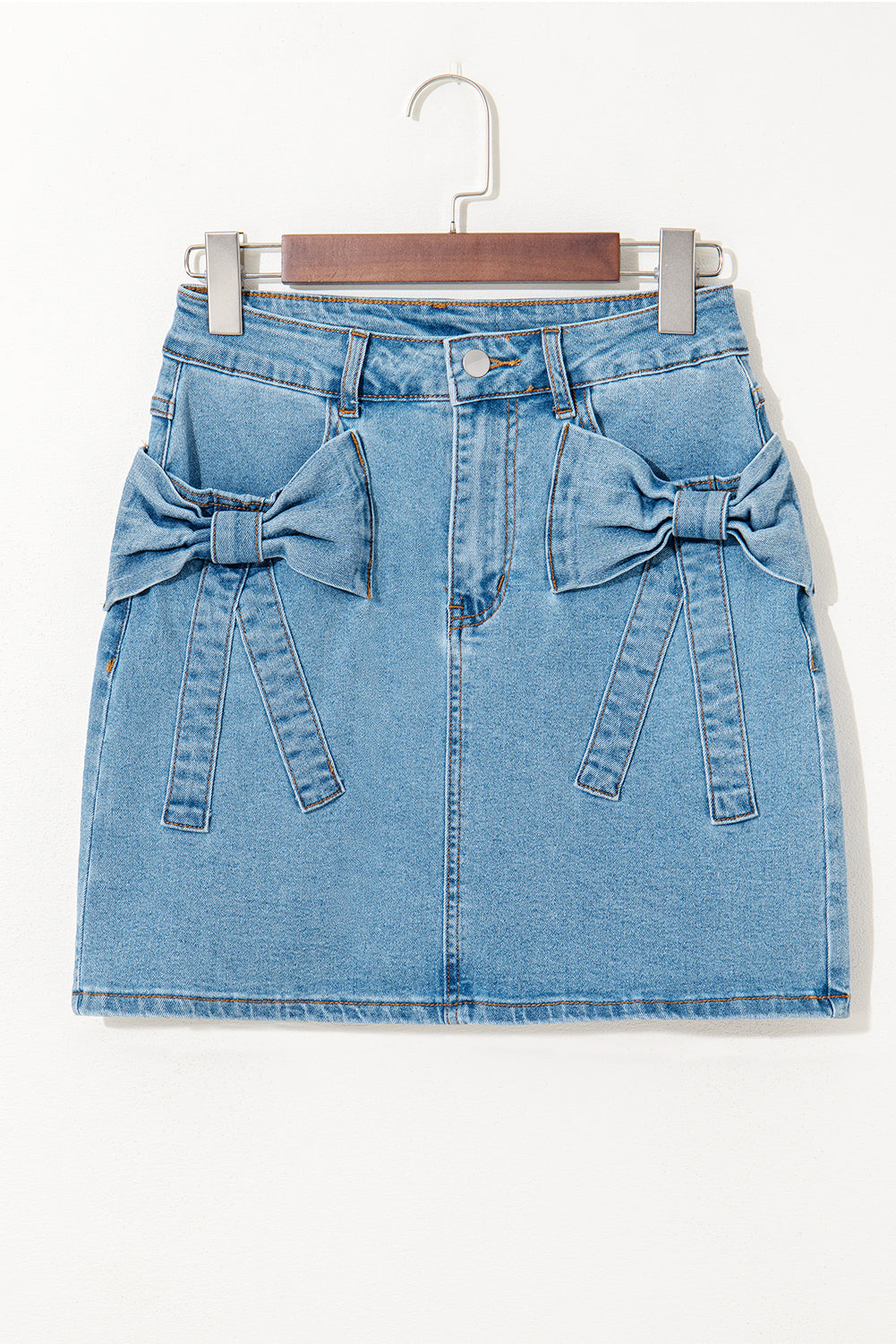Acid Wash Denim Bow Pocket High Waist Skirt