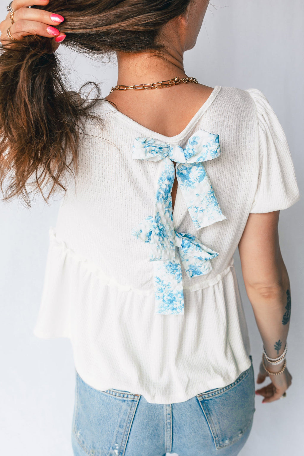 Floral Bow Tie Back Bubble Sleeve Peplum Top
