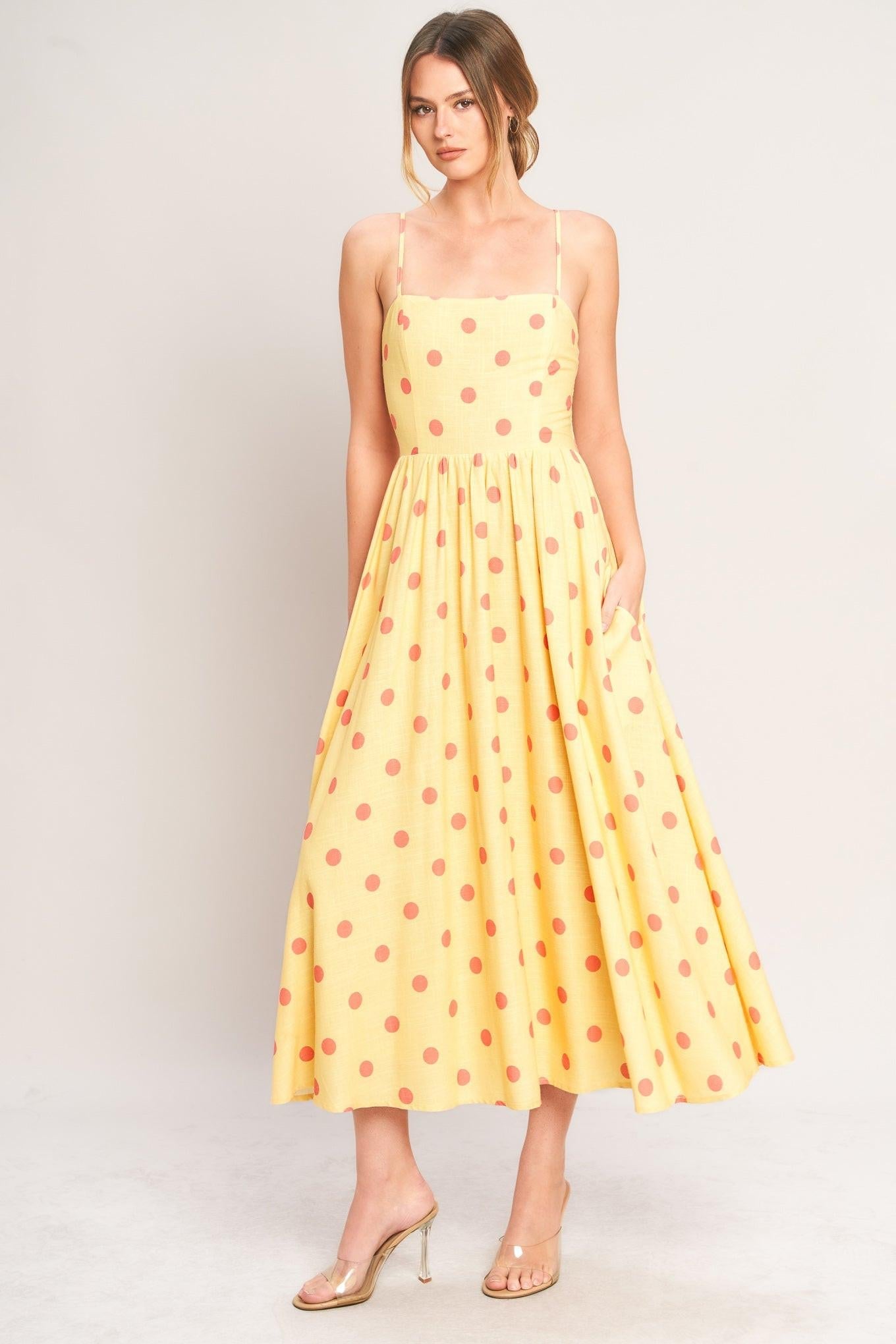 GOLDEN SUMMER POLKA WOVEN MIDI DRESS