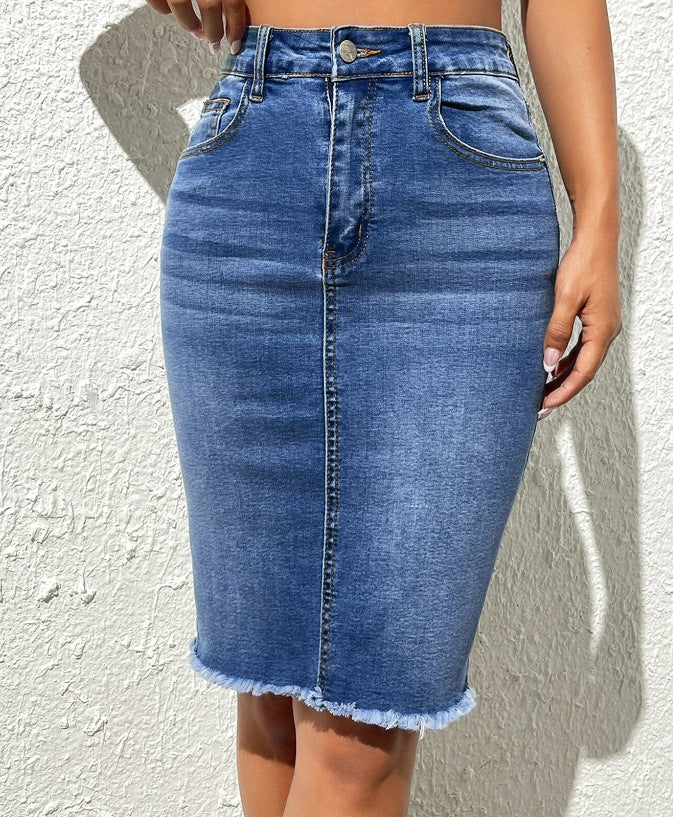 Elastic High Waist Frayed Skirt Denim Package Hip Skirt