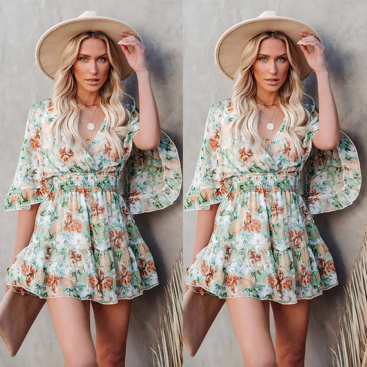 Floral V-Neck Short Dress for Spring and Summer