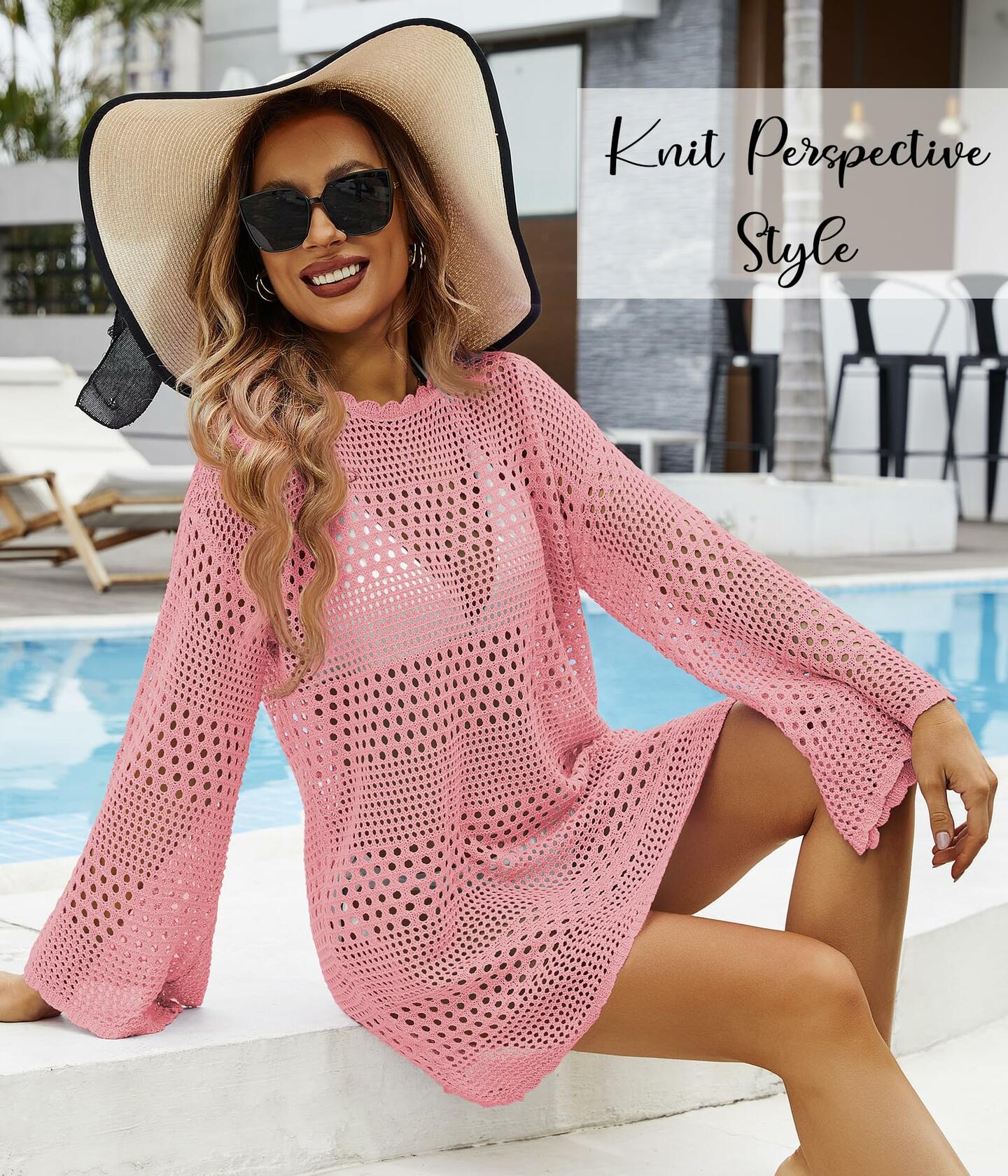 Women Crochet Bikini Cover Up Knitted Beach Swimsuit Dress Pink S
