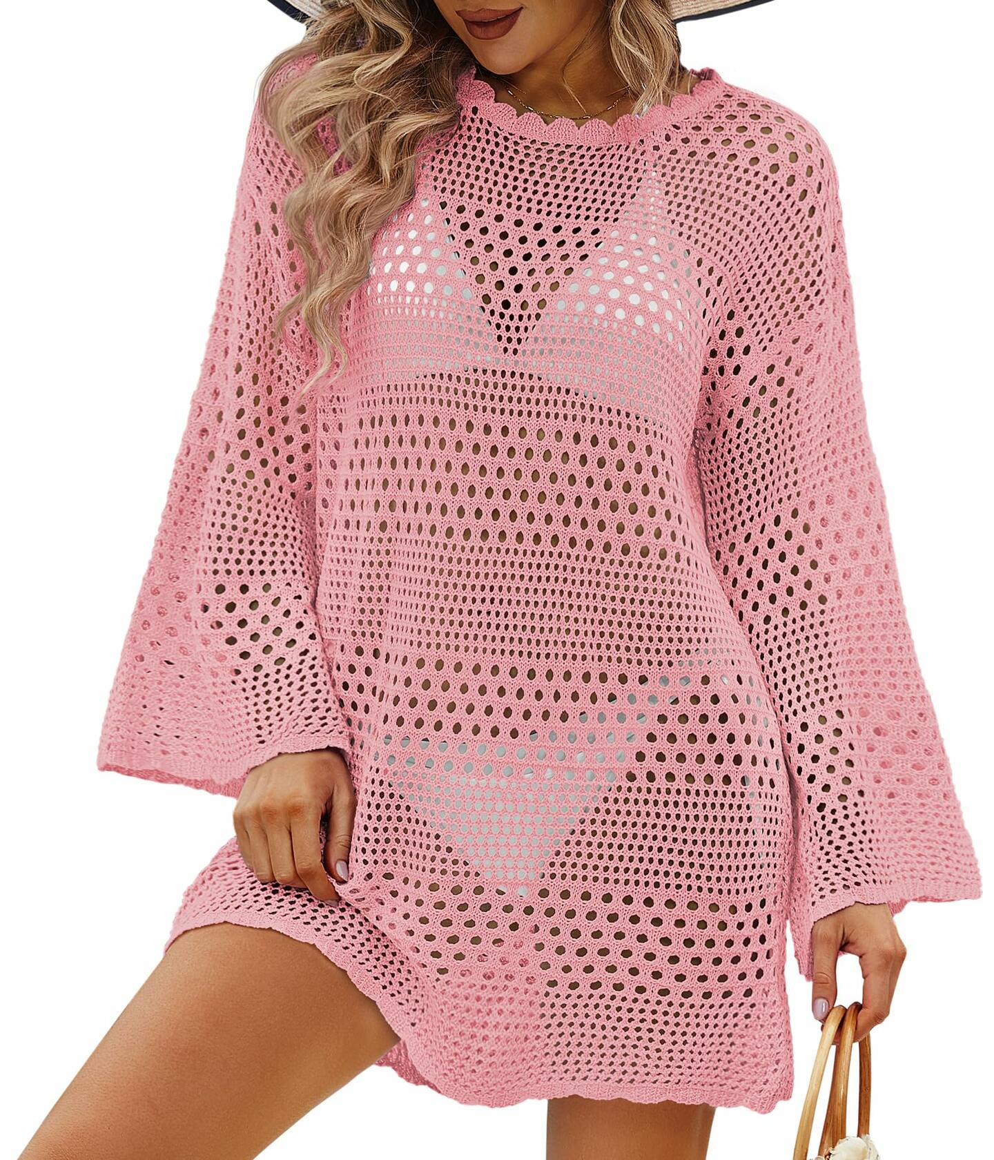 Women Crochet Bikini Cover Up Knitted Beach Swimsuit Dress Pink S