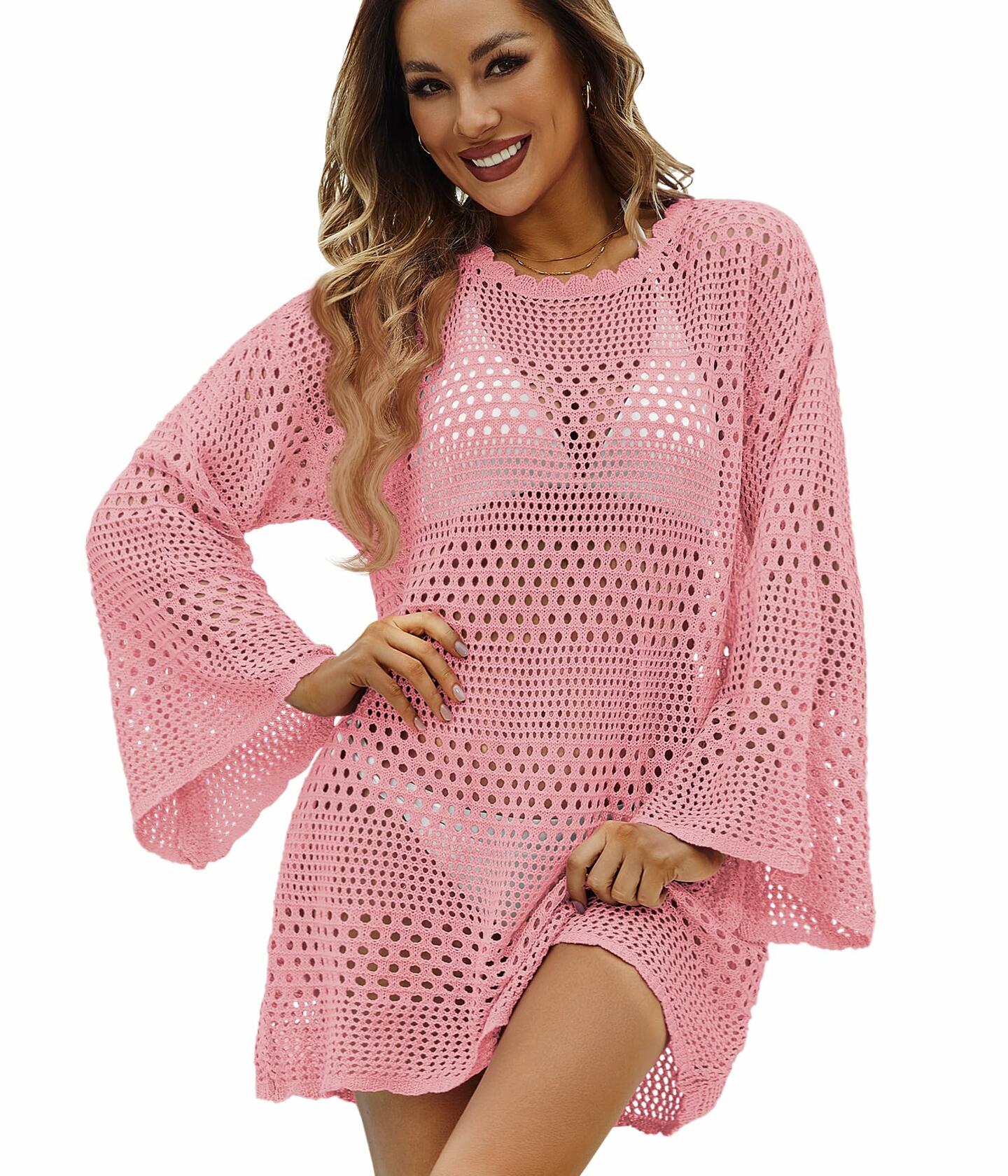 Women Crochet Bikini Cover Up Knitted Beach Swimsuit Dress Pink S