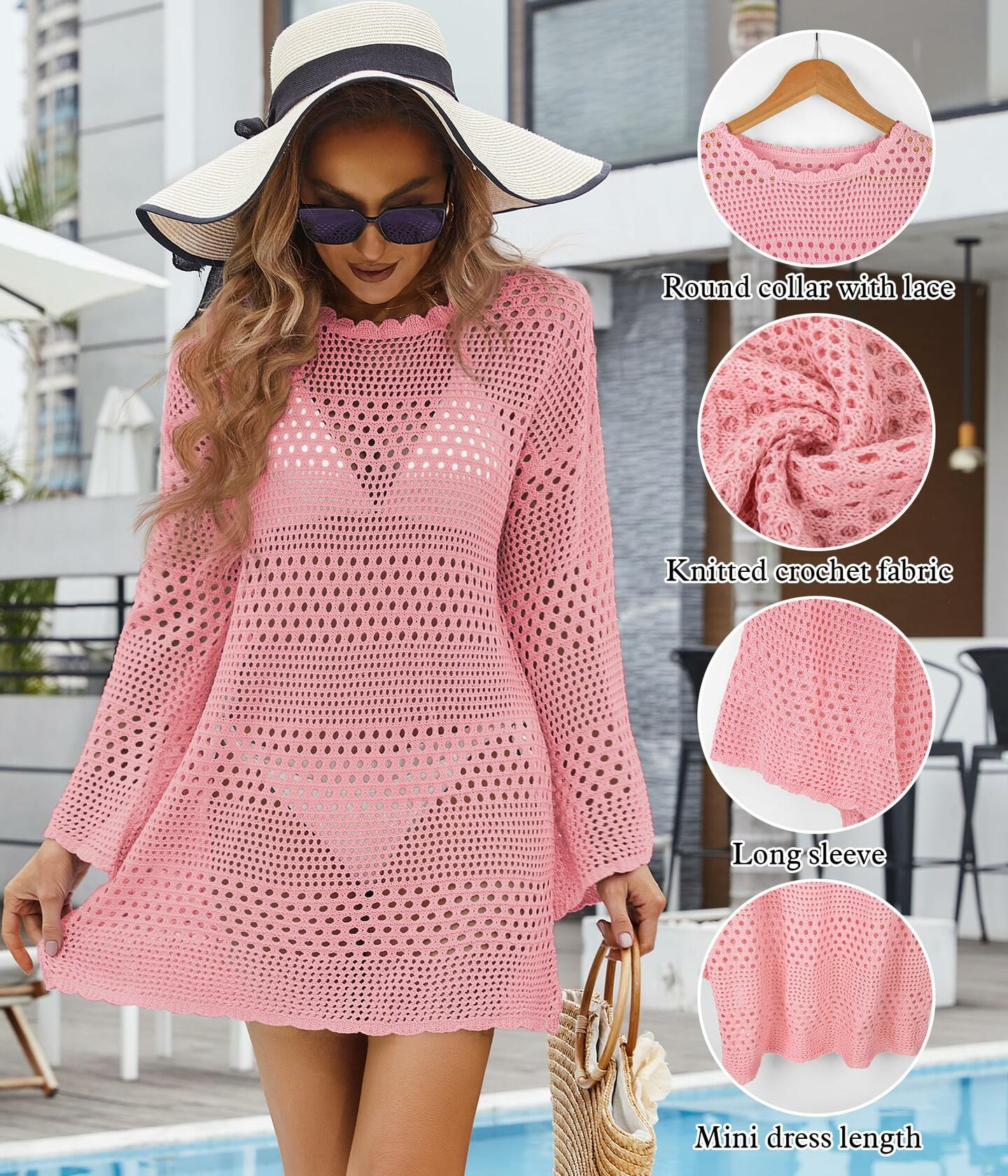 Women Crochet Bikini Cover Up Knitted Beach Swimsuit Dress Pink S